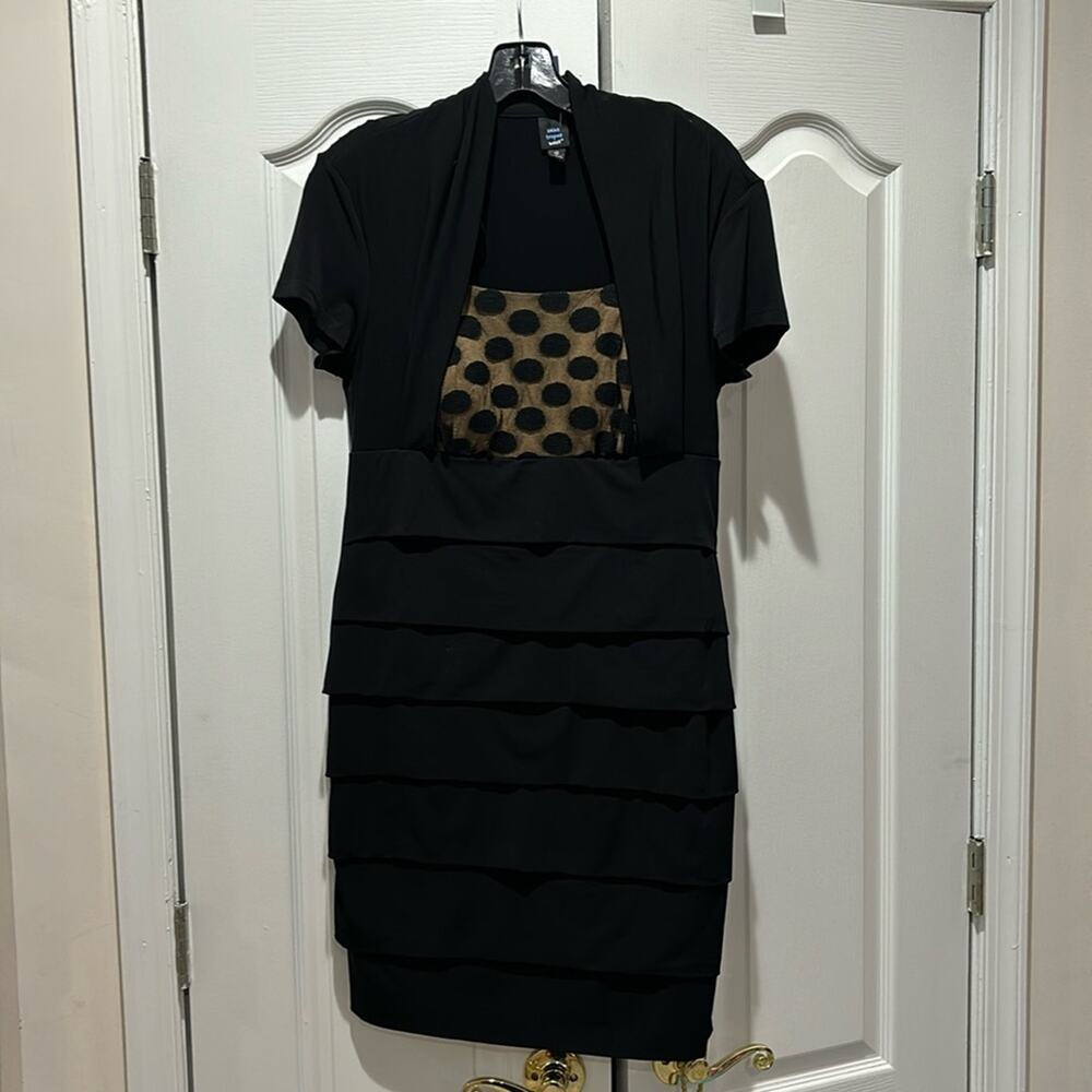 Saint Tropez West 12 black layered fitted stretch midi cap sleeve Polka dot top